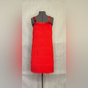 Red flapper dress with red sequins detailing on straps and neck line